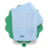Folded light blue knit newborn blanket on a green scalloped mat with 'MIMI' brand logo