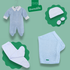 Baby clothing set with blue onesie, white hat, and towel on a green background with MIMI bundle branding.