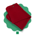 Folded red knit newborn blanket on a green scalloped mat with 'MIMI' brand logo