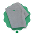 Folded grey knit newborn blanket on a green scalloped mat with 'MIMI' brand logo
