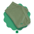 Folded sage green knit newborn blanket on a green scalloped mat with 'MIMI' brand logo